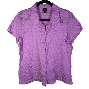 Eileen Fisher Womens Purple Textured Cotton Short Sleeve Button Down Shirt L